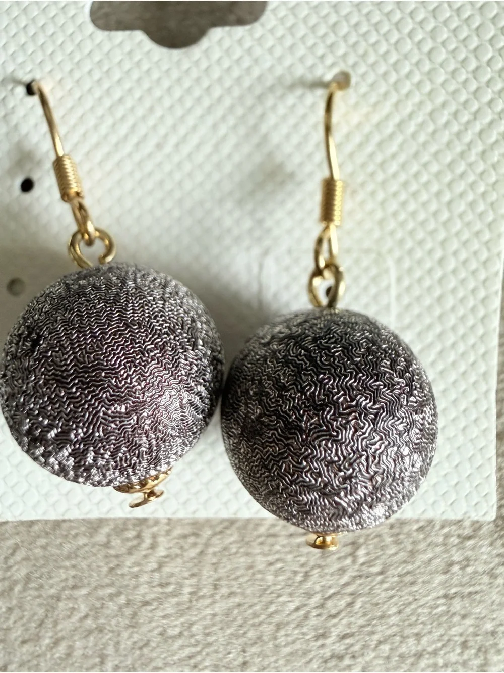 Gold Hook Grey Fabric Ball Drop Earrings
